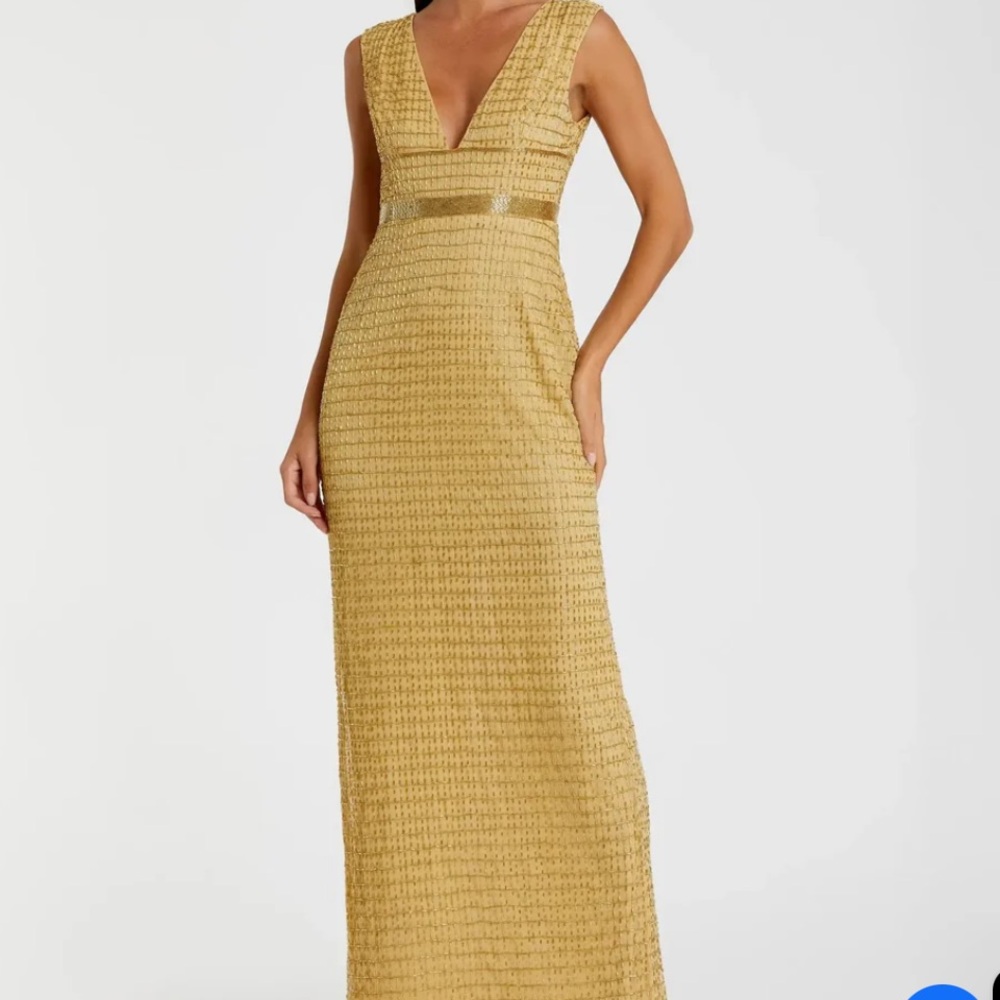 Mac Duggal Gold Textured V-Neck Maxi Dress